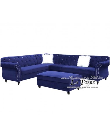 3 seater sofa bed with peninsula, net and mattress, Chesterfield modern eco-leather or velvet, blue swarovski AZ66