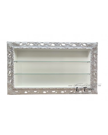 Wandvitrine im Barockstil mit perforiertem Rahmen, TV-Box, Flaschenhalter, maßgefertigtem Bücherregal, VTGGB