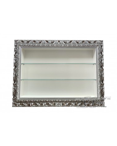 Classic suspended wall display cabinet in Baroque style perforated silver frame custom box VTGA