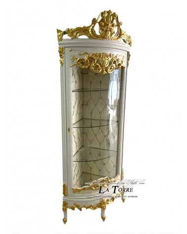 Eckvitrine, elfenbeinfarben-goldener Louis-XV-Barockstil, Kunstleder, Swarovski K127