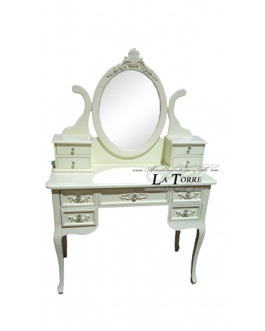 Dressing table, dressing table, mirror, pouf, baroque style, ballerina, cream white, Na40