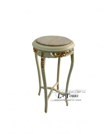 Barocker Beistelltisch aus Elfenbein mit Golddetails, Massivholz, Elfenbeinmarmor, H 90 cm LT3061