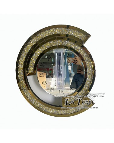Moderne runde Wanduhr mit Kristallen – Elegantes, verspiegeltes geometrisches Design Ø70 cm B65F Gold