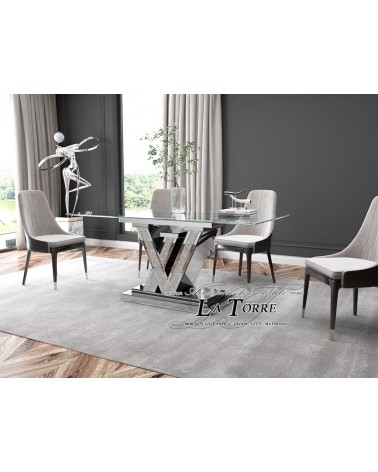 Tavolo da Pranzo Specchiato con Base a LV e Dettagli Swarovski – Design Moderno di Lusso 180x90 cm CBF21873