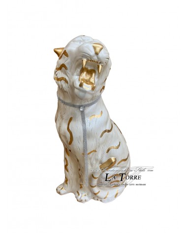 Keramik-Tierstatue, Tiger mit offenem Maul, perlweiß und goldfarben, 90 cm, PR03