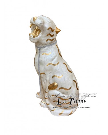 Keramik-Tierstatue, Tiger mit offenem Maul, perlweiß und goldfarben, 90 cm, PR03