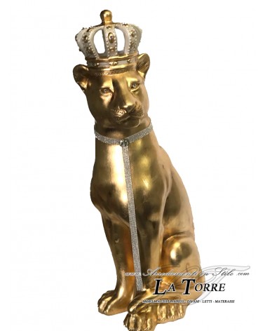 Keramische Tierstatue, Skulptur, Löwin, Elfenbeinkrone, Blattgold, Swarovski-Kristalle, Höhe 100 cm, PR02