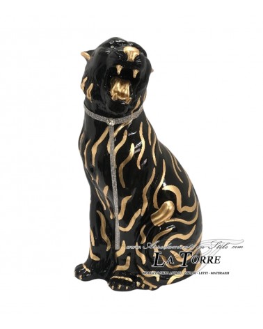 Keramik-Tierstatue, Tiger mit offenem Maul, schwarz und gold, Swarovski-Kristalle, 90 cm, PR03