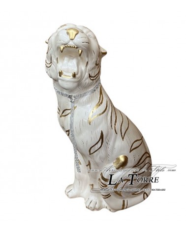 Keramik-Tierstatue, Tiger mit offenem Maul, Weißgold, Swarovski-Kristalle, 90 cm, PR03