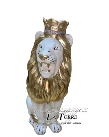 Lion sculpture ceramic statue open mouth pearl white leaf gold swarovski details 85 cm