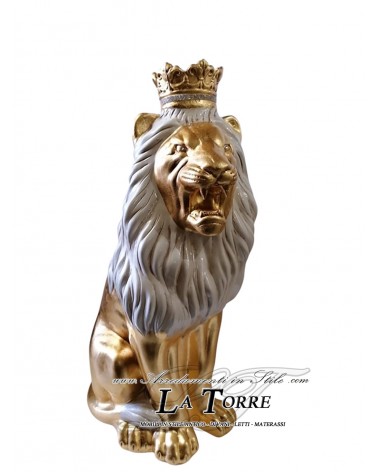 Keramik-Tierstatue, Löwenskulptur, Krone, offenes Maul, perlmuttweiß, Blattgold, Höhe 70 cm, PR06