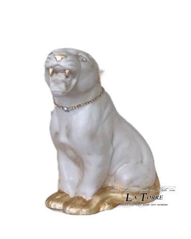 Tierfigur aus Keramik, Junges, Panther, Jaguar, Puma, perlmuttweiß, Blattgold, Swarovski-Kristalle, h30 PR08
