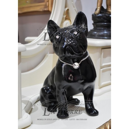 Statua scultura cucciolo cane bulldog francese dog nero swarovski animali ceramica H30cm PR09