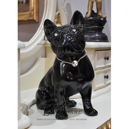 Statua scultura cucciolo cane bulldog francese dog nero swarovski animali ceramica H30cm PR09