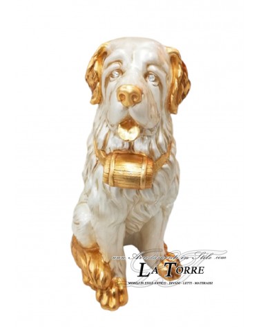 Animali in ceramica statua scultura cane San Bernardo bianco perlato e oro swarovski H70cm PR12