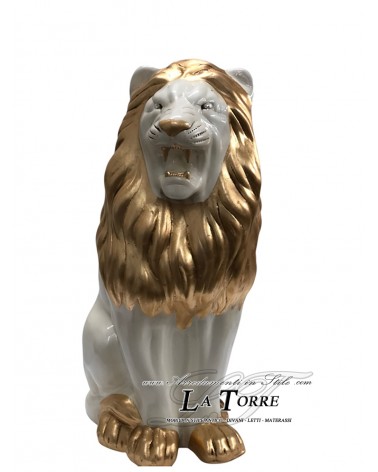 Keramik-Tierstatue Löwe mit offenem Maul, Elfenbein, Blattgold, Swarovski-Kristalle, H70Cm PR13