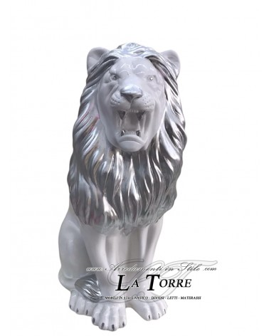 Keramik-Tierstatue, Löwe mit offenem Maul, weiß, silberblattverziert, Swarovski-Kristalle, H 70 cm, PR13