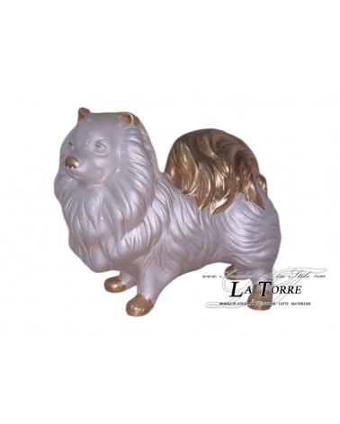 Statua scultura cucciolo cane volpino dog bianco perlato oro swarovski animali ceramica PR17