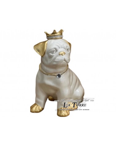 Animali in ceramica statua scultura cucciolo cane carlino con corona bianco perlato oro swarovski animali ceramica PR62