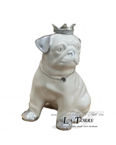 Animali in ceramica statua scultura cucciolo cane carlino con corona bianco perlato argento swarovski animali ceramica PR62