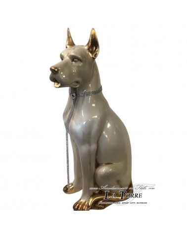 Keramikstatue eines Dobermanns, weiß, perlmuttfarben, Blattgold, Swarovski-Kristalle, Höhe 70 cm, PR21