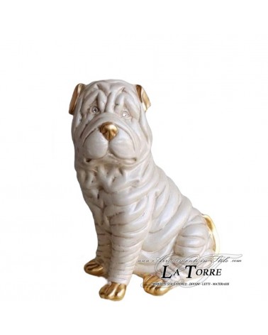 Keramik-Tierfigur, Hundestatue, Wohnaccessoire, Swarovski-Hund Shar Pei, weiß und goldfarben, Keramik, H 40 cm, PR28