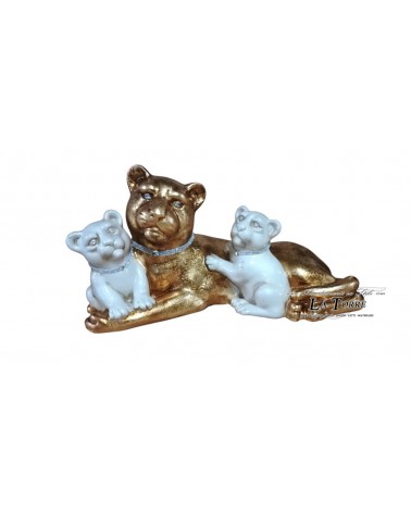 Statua complementi arredo scultura pantera cuccioli oro e bianco perlato animali ceramica H30cm PR30