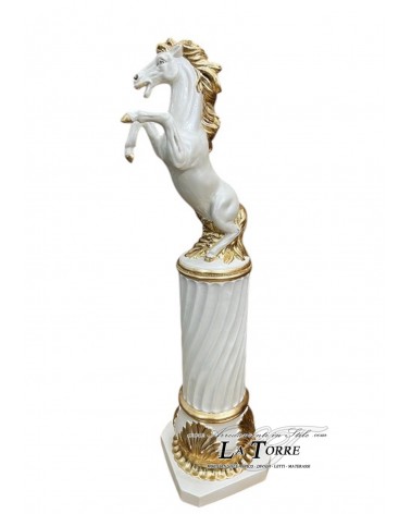 Ceramic sculpture statue prancing horse on column white and gold H75 PR60