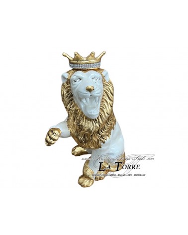 Animali in ceramica statua scultura Leone zampetta corona bocca aperta bianco perlato foglia oro swarovski h25 cm PR63