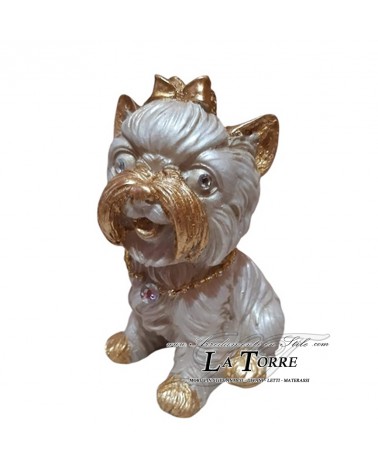 Keramik-Tierfigur, Skulptur, Yorkshire-Welpe, perlmuttweiß, Blattgold, Swarovski-Kristalle, Höhe 10 cm, PR64