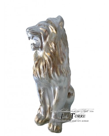 Keramik-Tierstatue Löwe mit offenem Maul, silberblattversilbert und poliert, Swarovski-Kristall, H 70 cm, PR13
