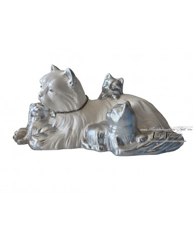 Perserkatzenmutter-Skulptur mit Kätzchen, weiß und silber, Keramiktiere PR20