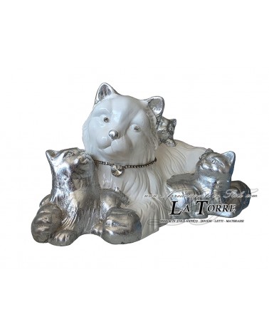 Perserkatzenmutter-Skulptur mit Kätzchen, weiß und silber, Keramiktiere PR20
