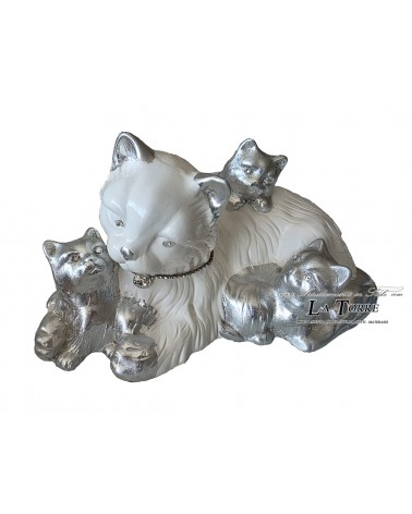 Perserkatzenmutter-Skulptur mit Kätzchen, weiß und silber, Keramiktiere PR20