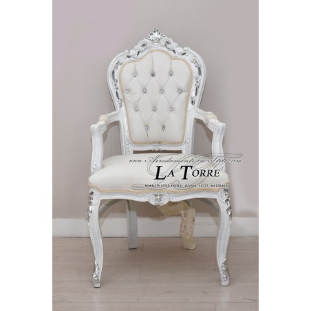 Still Louis XV Barock Empire Sessel Weiß Silber Kunstleder AL2729