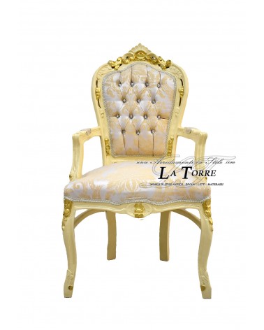 Sedia Poltrona Still Luigi XV Barocco Impero avorio e oro tessuto damascato AL2729