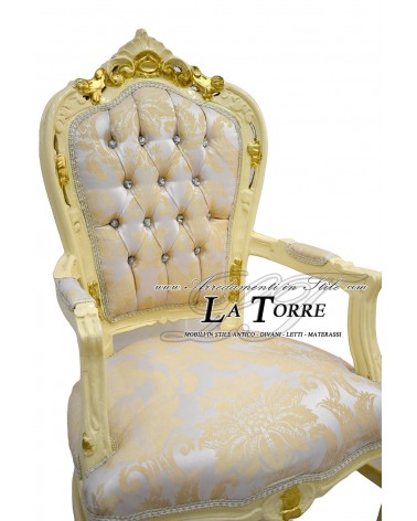 Still Louis XV Baroque Empire Armchair in elfenbeinfarbenem und goldfarbenem Damaststoff AL2729