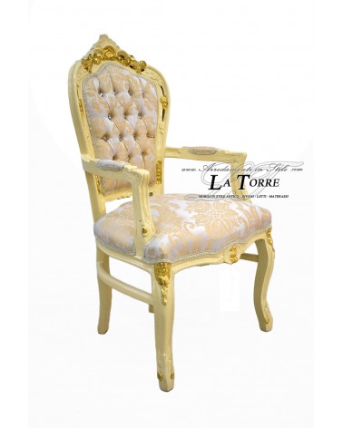 Still Louis XV Baroque Empire Armchair in elfenbeinfarbenem und goldfarbenem Damaststoff AL2729