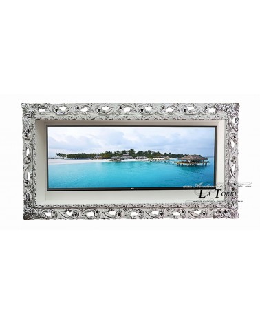 Wall-mounted Smart TV stand with classic Baroque-style perforated frame, custom-made GGA box