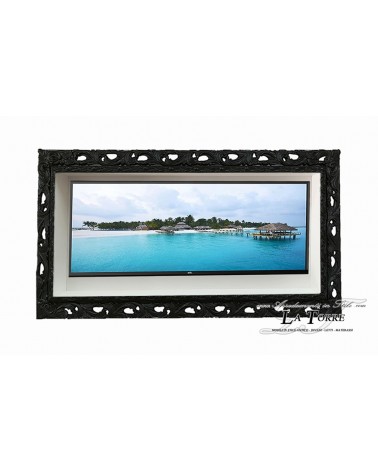 Wall-mounted Smart TV stand with classic Baroque-style perforated frame, custom-made GGN box