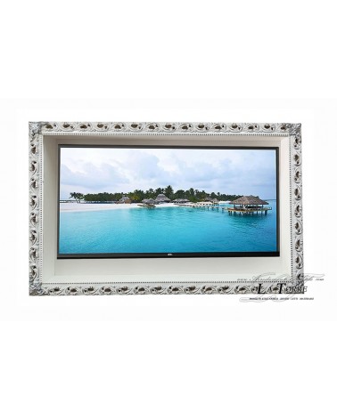 Wall-mounted Smart TV stand with classic Baroque-style perforated frame, custom-made box GM224ba