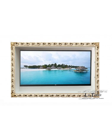 Wall-mounted Smart TV stand with classic Baroque-style perforated frame, custom-made box GM224AO