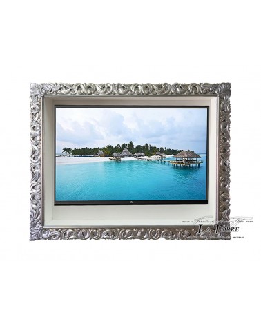 Wall-mounted Smart TV stand with classic Baroque-style perforated silver frame, custom-made TV1135A box