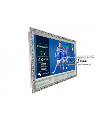 Wall-mounted Smart TV wall unit with classic Baroque-style perforated frame, custom-made box GM224b