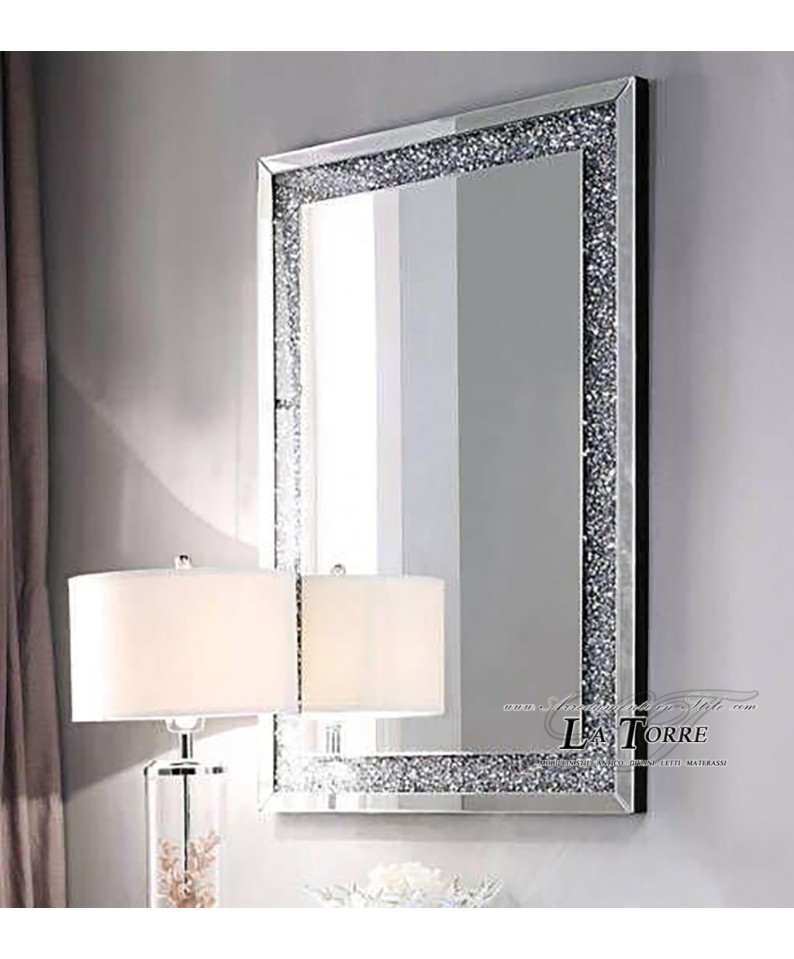 Modern rectangular mirror in silver mirrored glass with ground details and Swarovski crystals