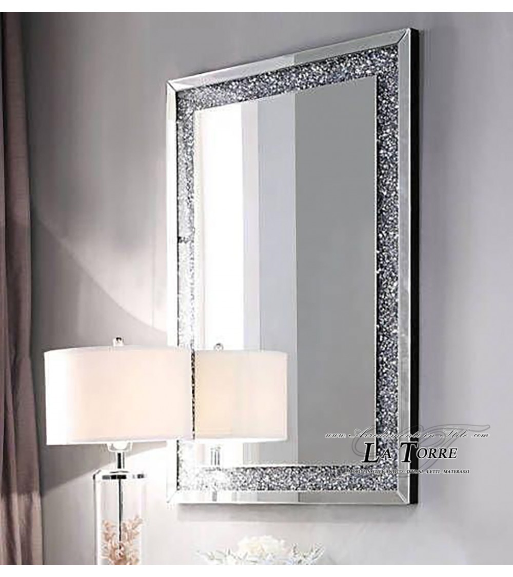 Modern rectangular mirror in silver mirrored glass with ground details and Swarovski crystals