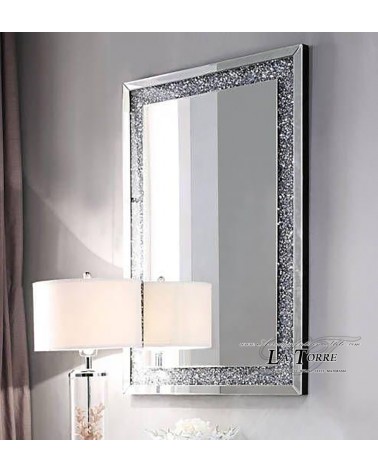 Modern rectangular mirror in silver mirrored glass with ground details and Swarovski crystals