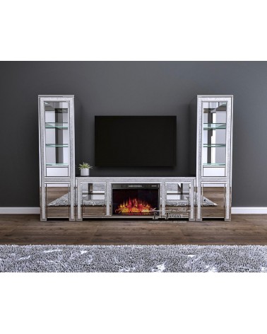 Parete Attrezzata Porta TV Specchiata con Camino Elettrico e Vetrine – Design Moderno e Riscaldamento Reale I39B