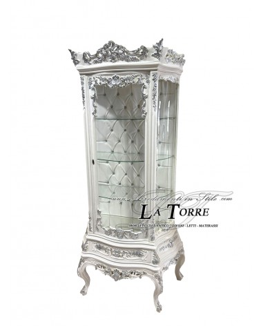 Barocke, weiße, geschwungene Vitrine mit Swarovski-Kristallen und Capitonné-Innenausstattung – Klassischer Luxusstil AL3644