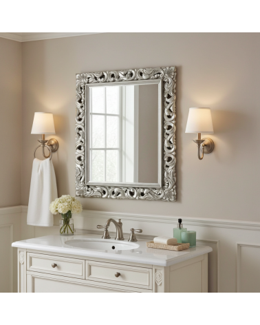Specchio - Specchiera Stile Barocco – Cornice Argento Traforata Legno – Personalizzabile su Misura 1135A